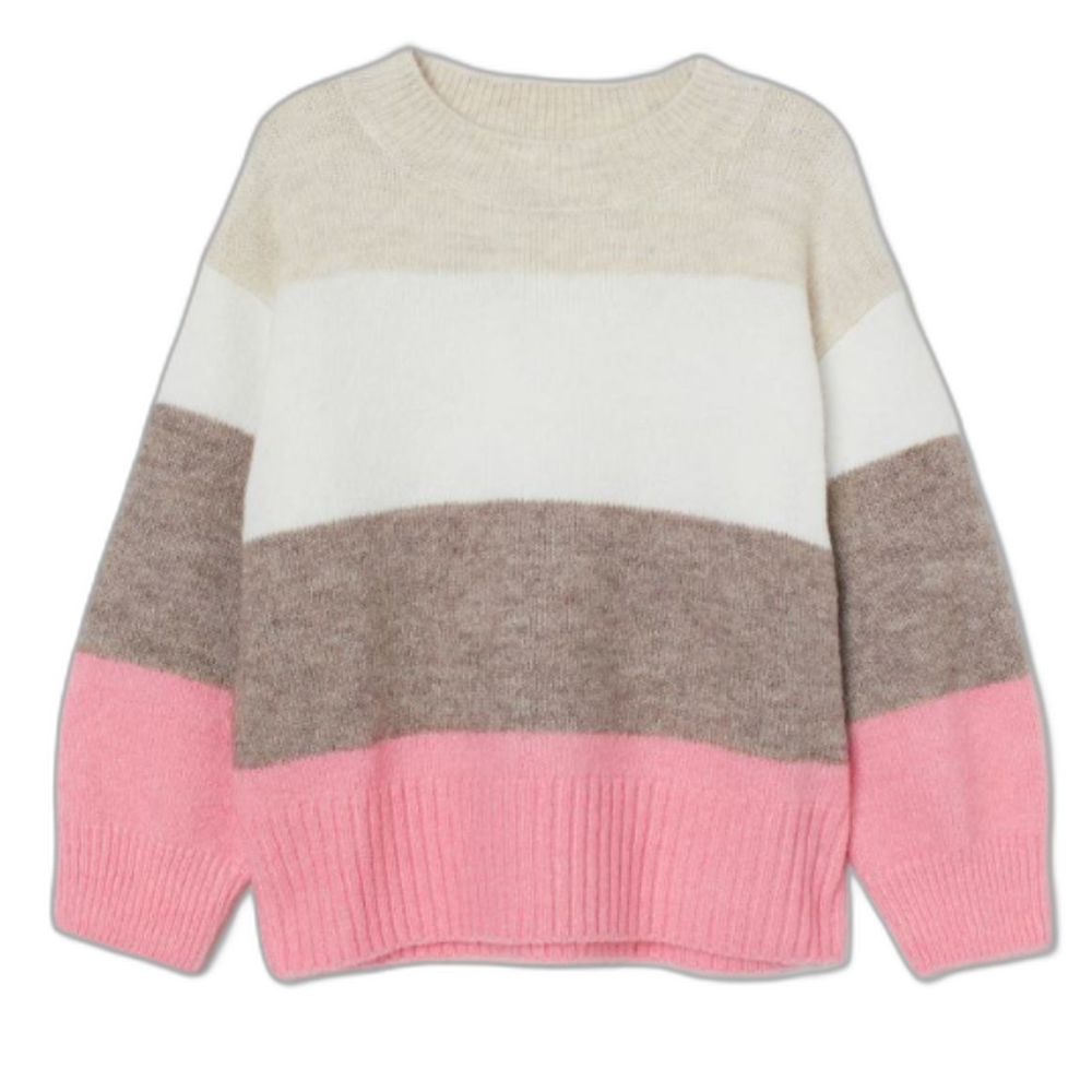 Striped Color Block Crewneck Long Sleeve Knit Sweater Pink Cream Tan Beige Large